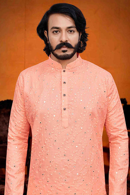 Peach Colour Kurta Pajama In Silk VSKP1210224