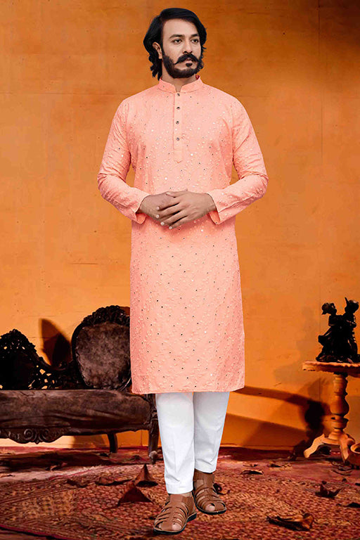 Peach Colour Kurta Pajama In Silk VSKP1210224