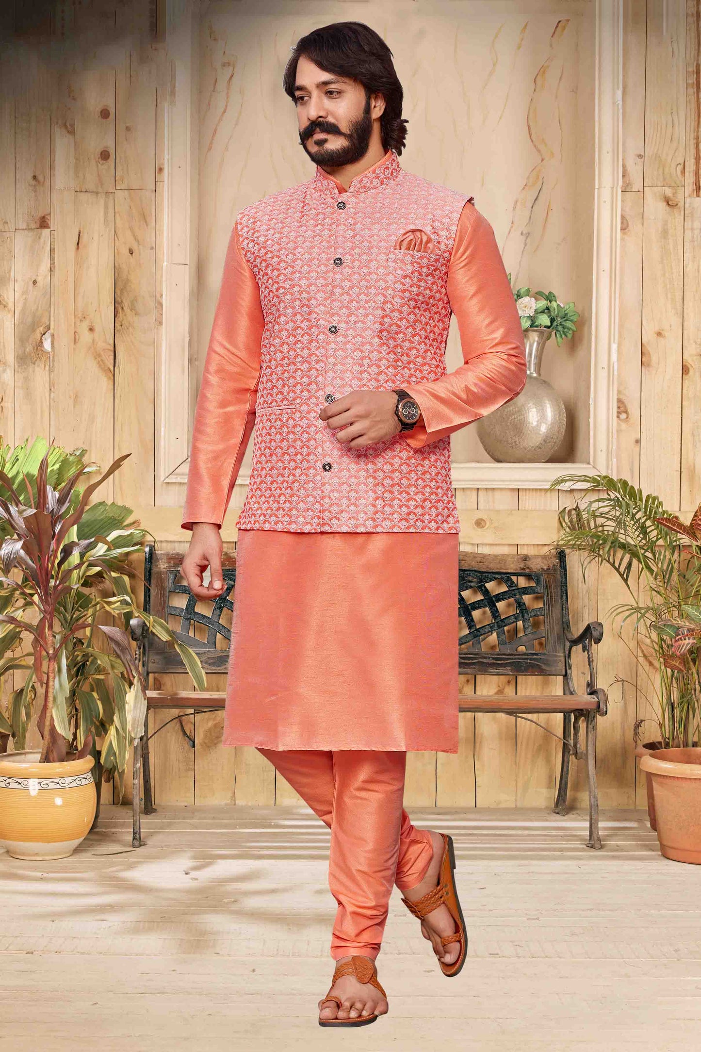Peach Colour Kurta Pajama With Jacket In Art Silk VSKP1210291