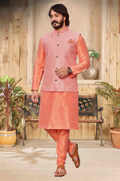 Peach Colour Kurta Pajama With Jacket In Art Silk VSKP1210291