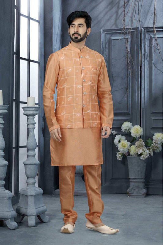Peach Colour Kurta Pajama With Jacket In Silk Dupion Fabric VSKP1040192
