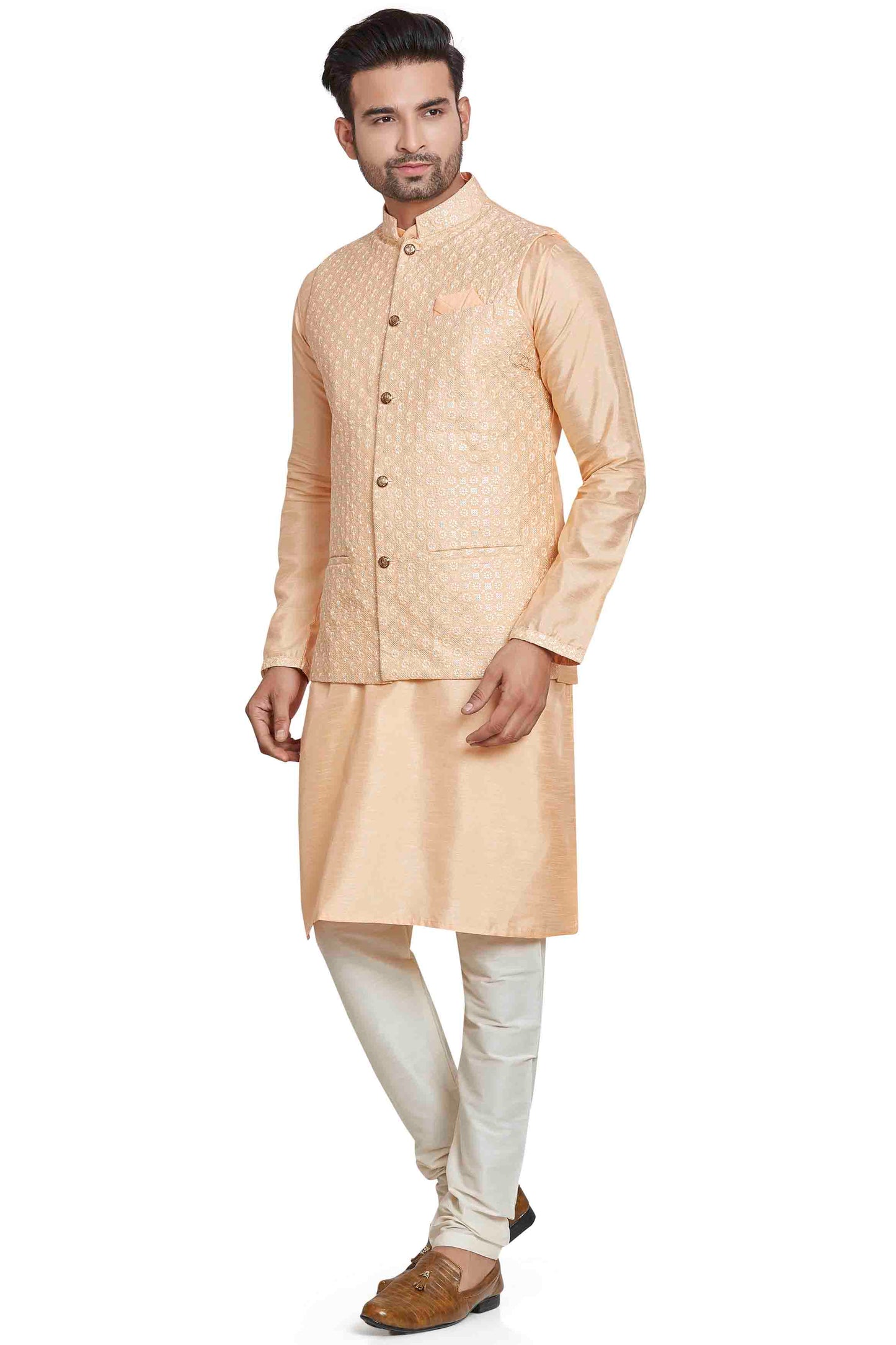 Peach Colour Kurta Pajama With Jacket In Silk VSKP1210446