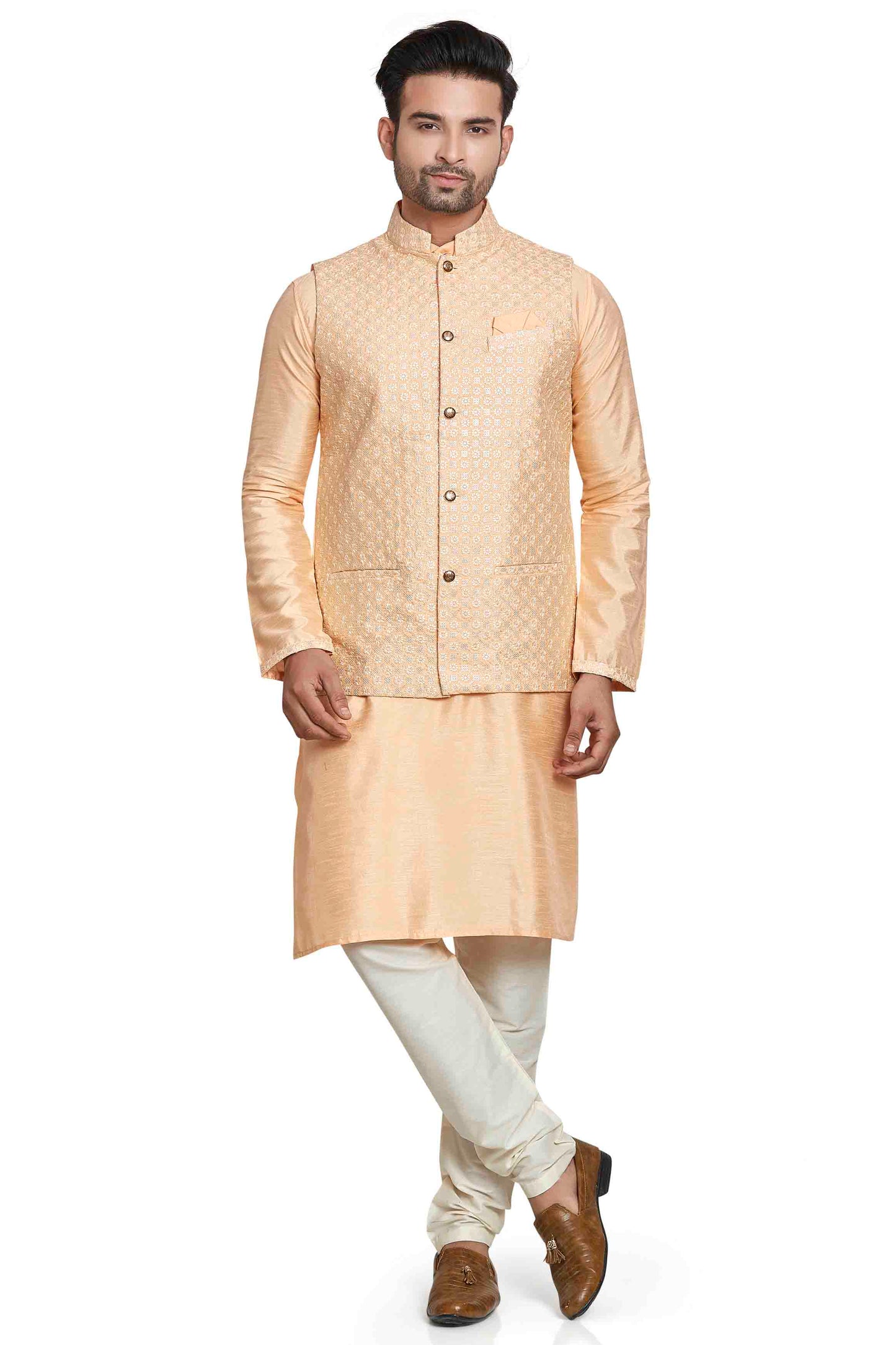 Peach Colour Kurta Pajama With Jacket In Silk VSKP1210446