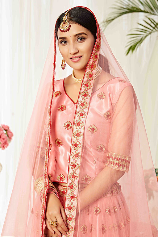 Peach Colour Net Designer Lehenga Choli VSLC1240011