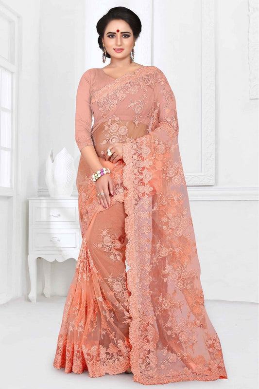 Peach Colour Net Designer Saree VSSD1090033