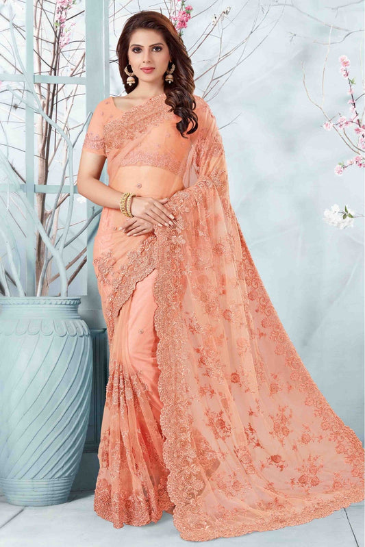 Peach Colour Net Designer Saree VSSD1090054