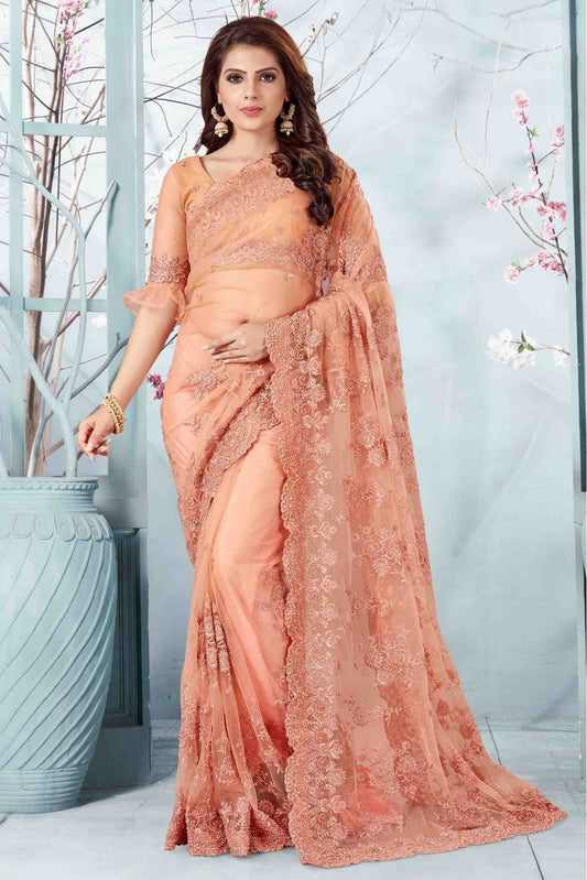 Peach Colour Net Designer Saree VSSD1090062