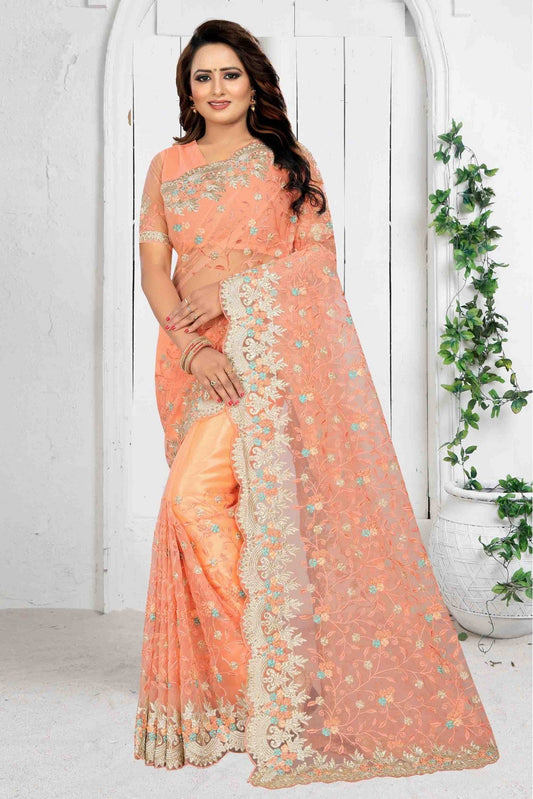 Peach Colour Net Designer Saree VSSD1090084