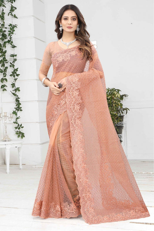 Peach Colour Net Designer Saree VSSD1090235