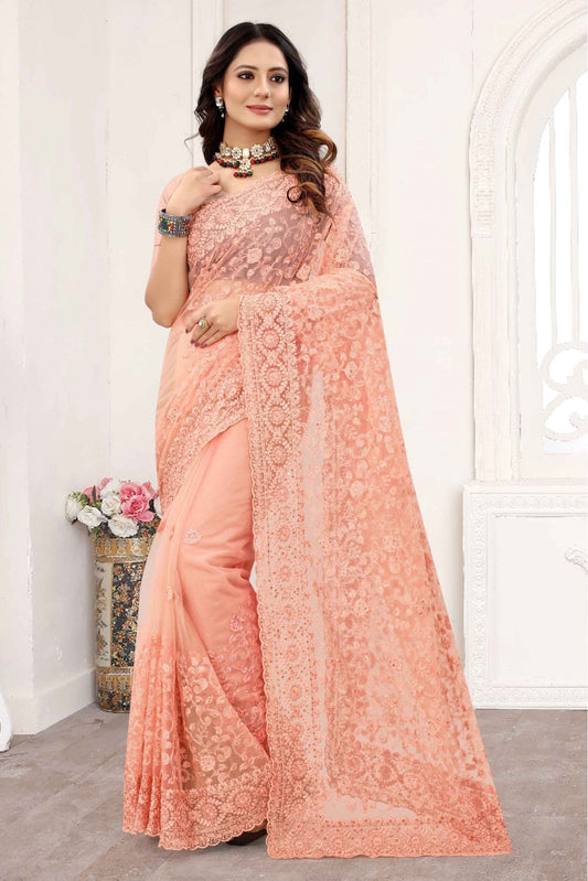 Peach Colour Net Designer Saree VSSD1090241