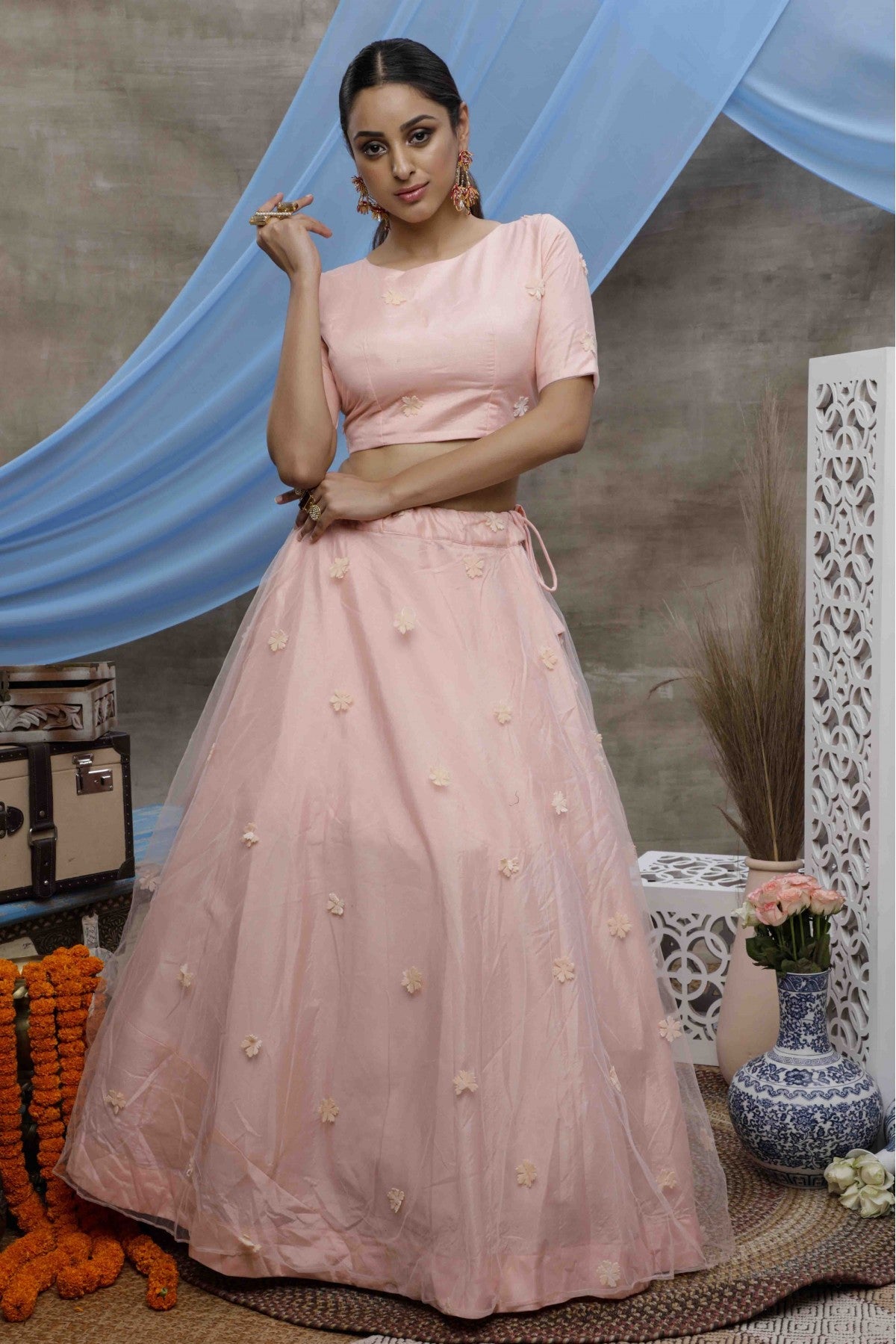 Peach Colour Net Embroidery Lehenga Choli VSLC1150024