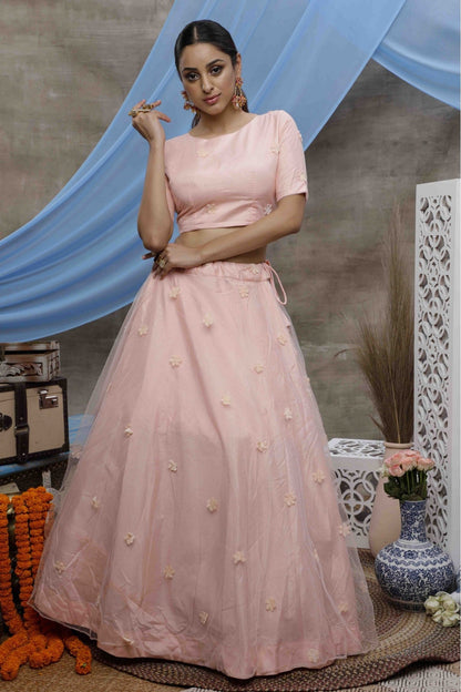 Peach Colour Net Embroidery Lehenga Choli VSLC1150024