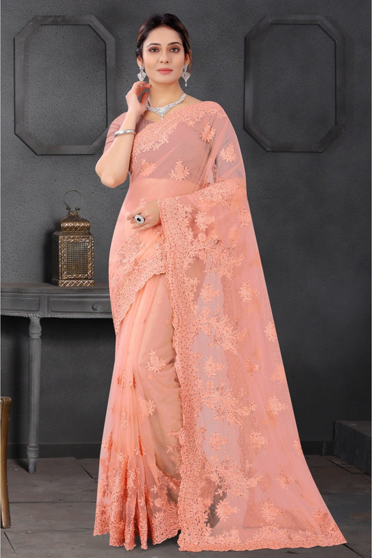 Peach Colour Net Embroidery Saree VSSD1090200