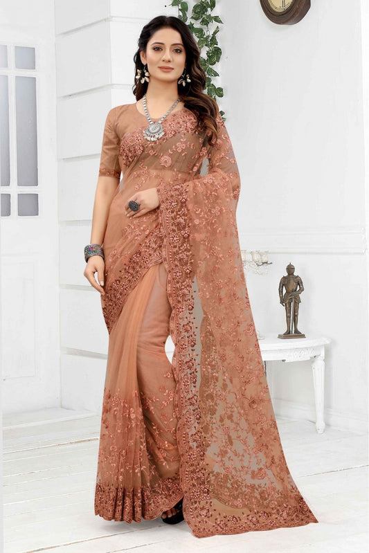 Peach Colour Net Embroidery Saree VSSD1090260