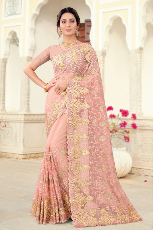 Peach Colour Net Embroidery Saree VSSD1090442
