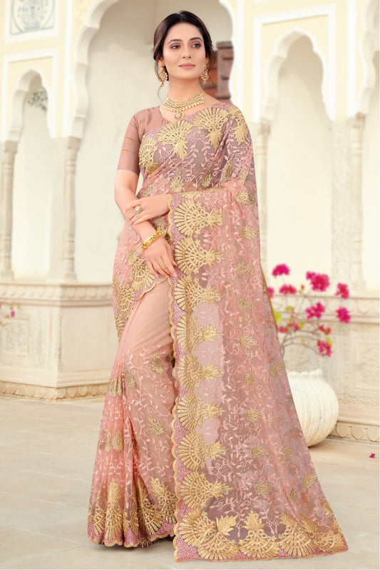 Peach Colour Net Embroidery Saree VSSD1090445