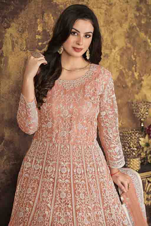 Peach Colour Net Semi Stitched Anarkali Suit VSSM1050305