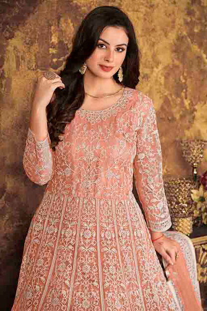 Peach Colour Net Semi Stitched Anarkali Suit VSSM1050305