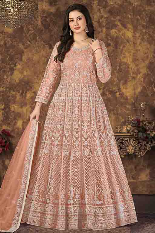 Peach Colour Net Semi Stitched Anarkali Suit VSSM1050305