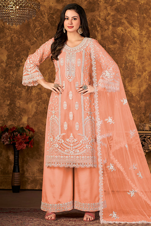 Peach Colour Net Semi Stitched Palazzo Pant Suit VSSM1050340