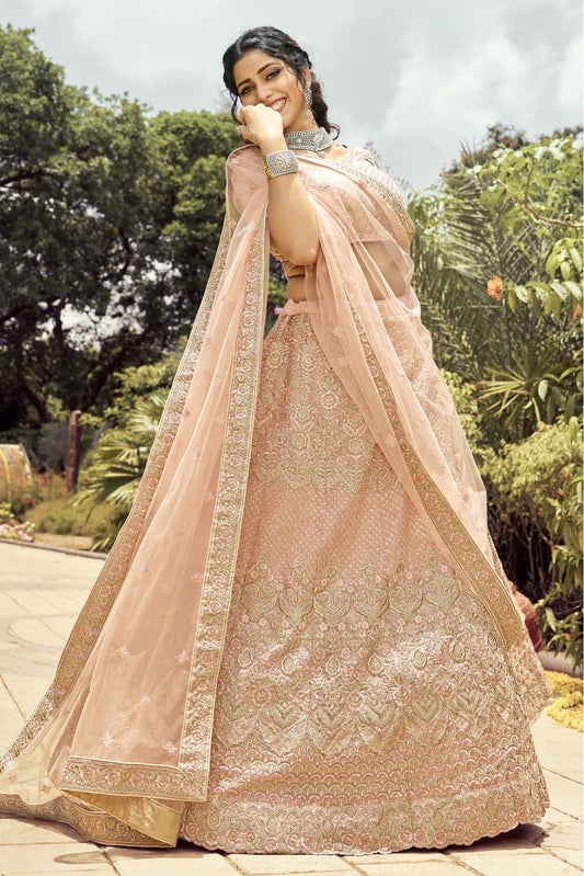 Peach Colour Organza Embroidery Bridal Lehenga Choli VSLC1080078
