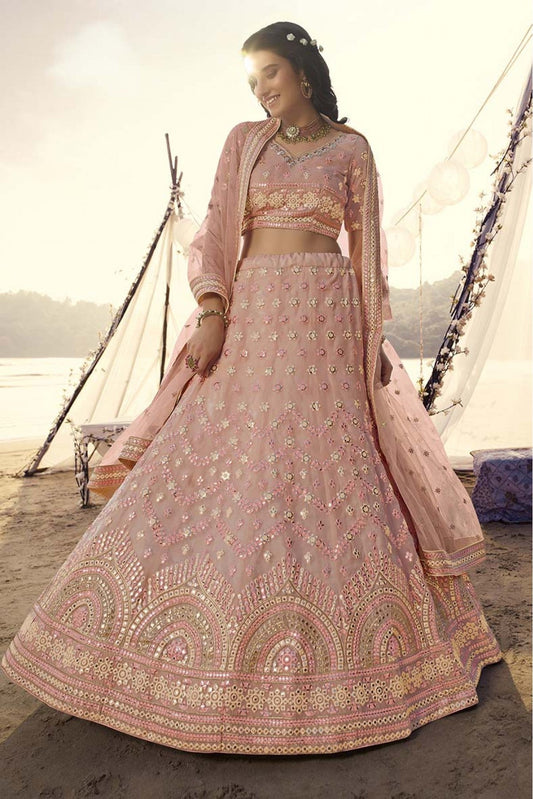 Peach Colour Organza Embroidery Lehenga Choli VSLC1080506