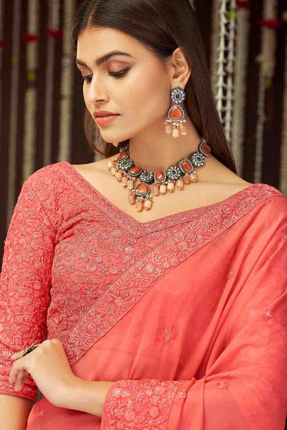 Peach Colour Organza Thread Work Saree