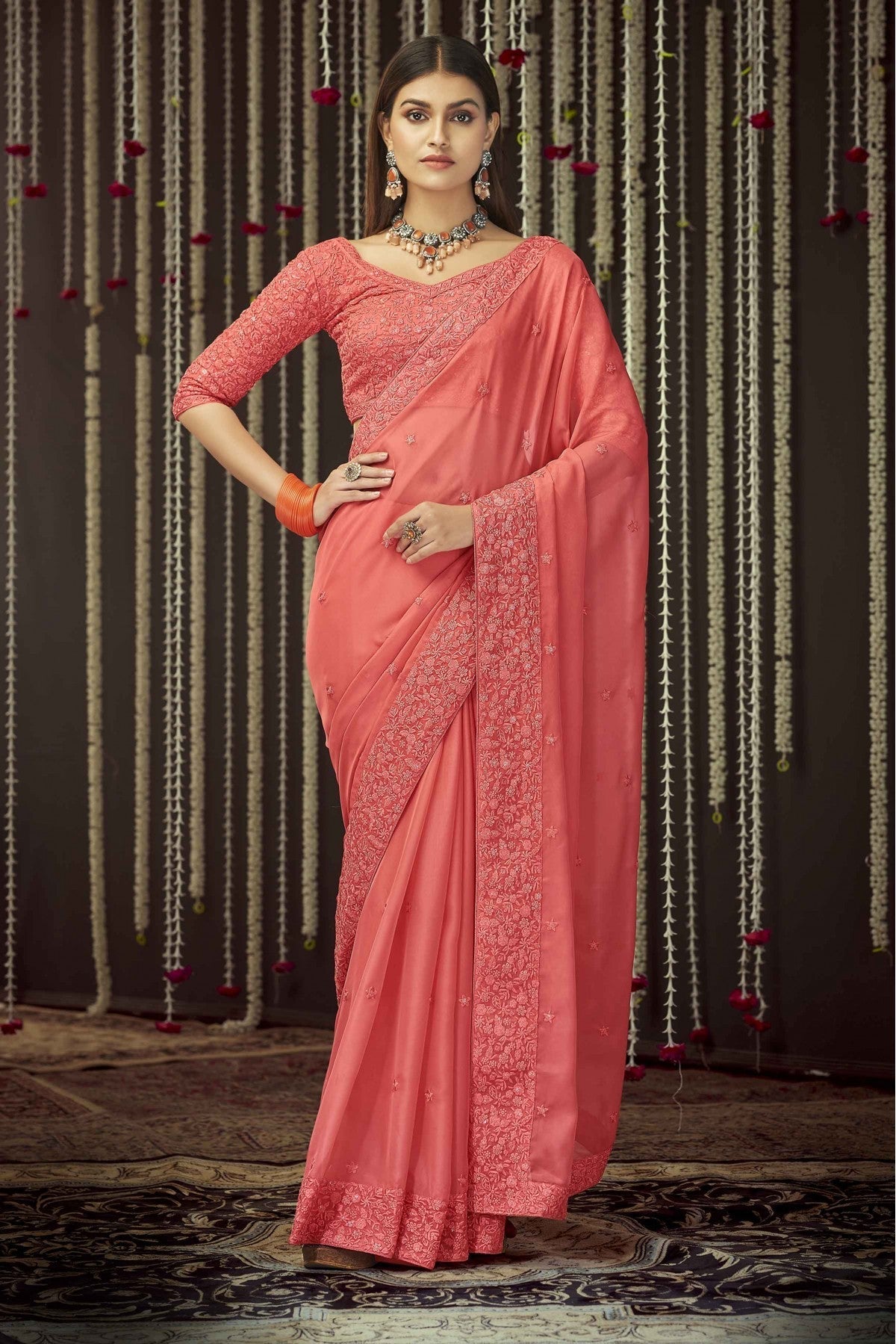 Peach Colour Organza Thread Work Saree