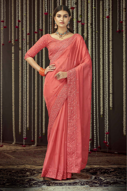 Peach Colour Organza Thread Work Saree