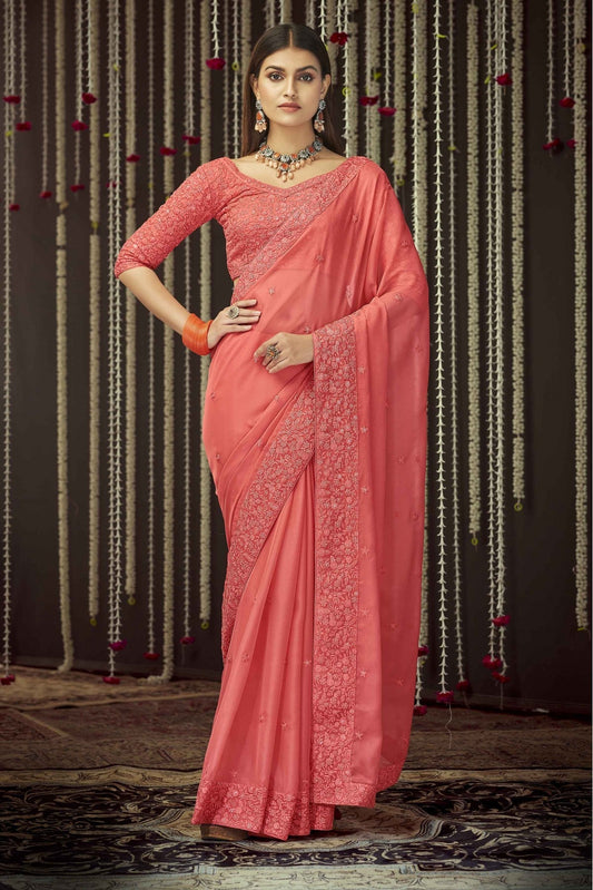 Peach Colour Organza Thread Work Saree