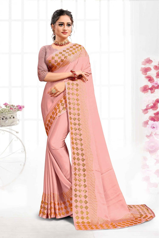 Peach Colour Pure Satin Swarovski Work Saree VSSD1120342