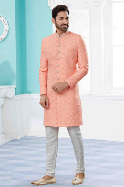 Peach Colour Sherwani In Silk Fabric VSSH1040424