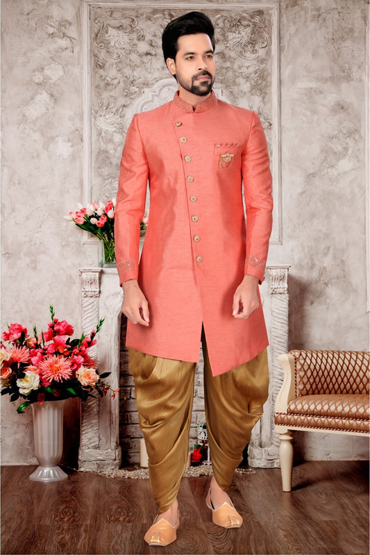 Peach Colour Slub Silk Dhoti Sherwani VSSH1040285