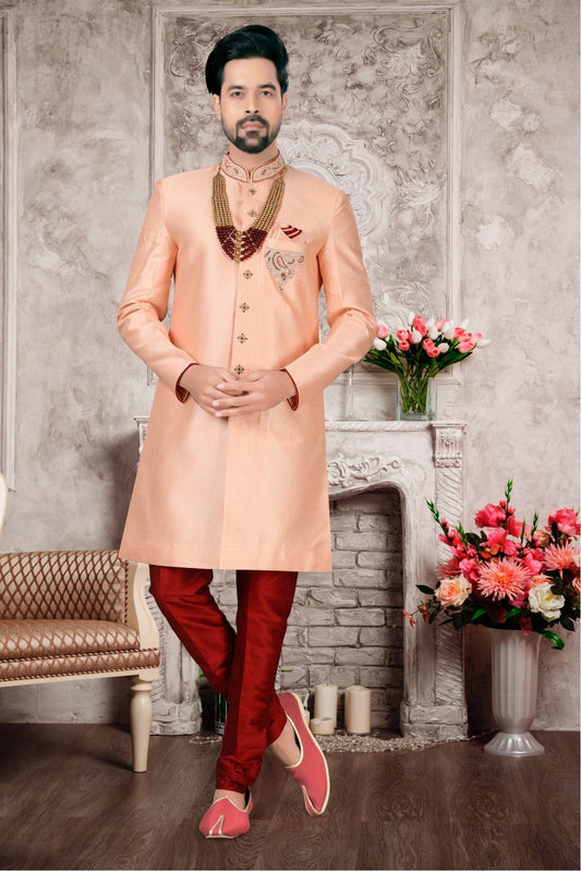Peach Colour Slub Silk Sherwani VSSH1040310