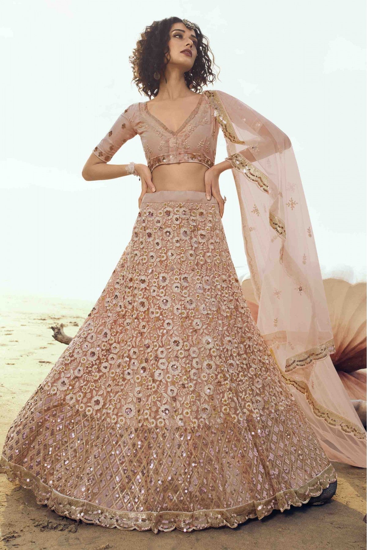 Peach Colour Soft Net Embroidery Lehenga Choli VSLC1080389