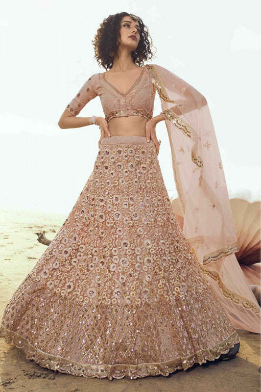 Peach Colour Soft Net Embroidery Lehenga Choli VSLC1080389