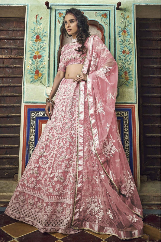 Peach Colour Soft Net Thread Work Lehenga Choli VSLC1080476