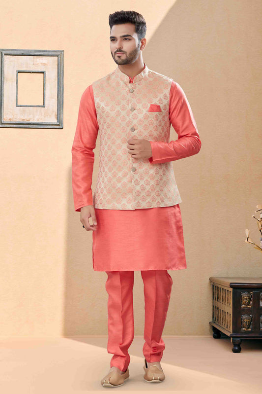 Peach and Cream Colour Kurta Pajama With Jacket In Silk Dupion Fabric VSKP1040453
