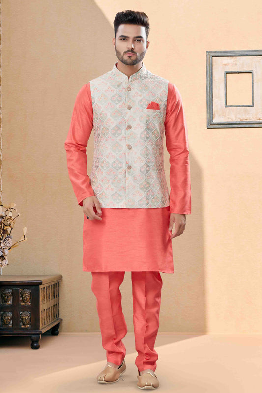 Peach and Cream Colour Kurta Pajama With Jacket In Silk Dupion Fabric VSKP1040455