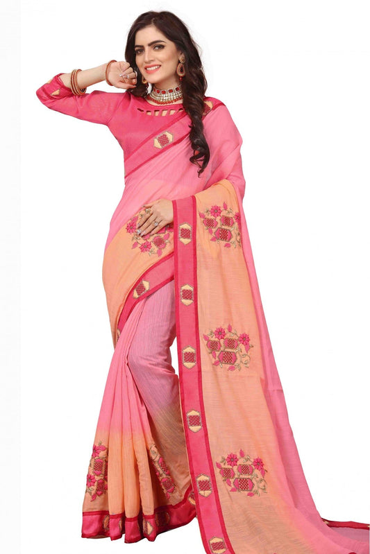 Peach and Pink Colour Art Silk Embroidery Saree VSSD1120133