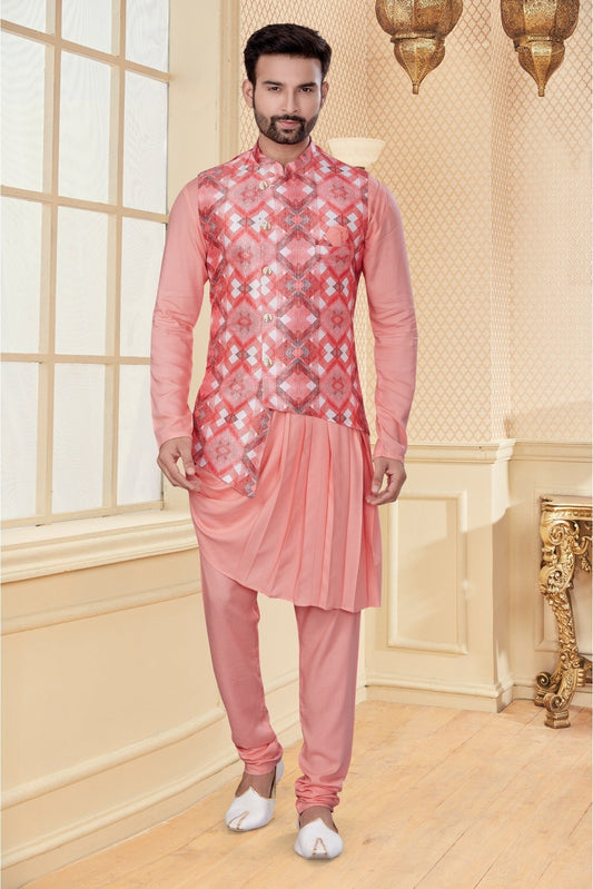 Peach and Pink Colour Kurta Pajama With Jacket In Soft Silk Fabric VSKP1040177
