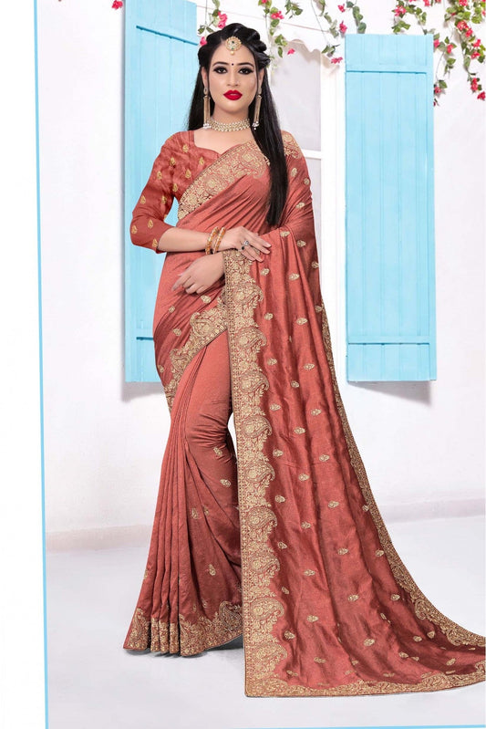 Peach and Pink Colour Vichitra Silk Embroidery Saree VSSD1090149