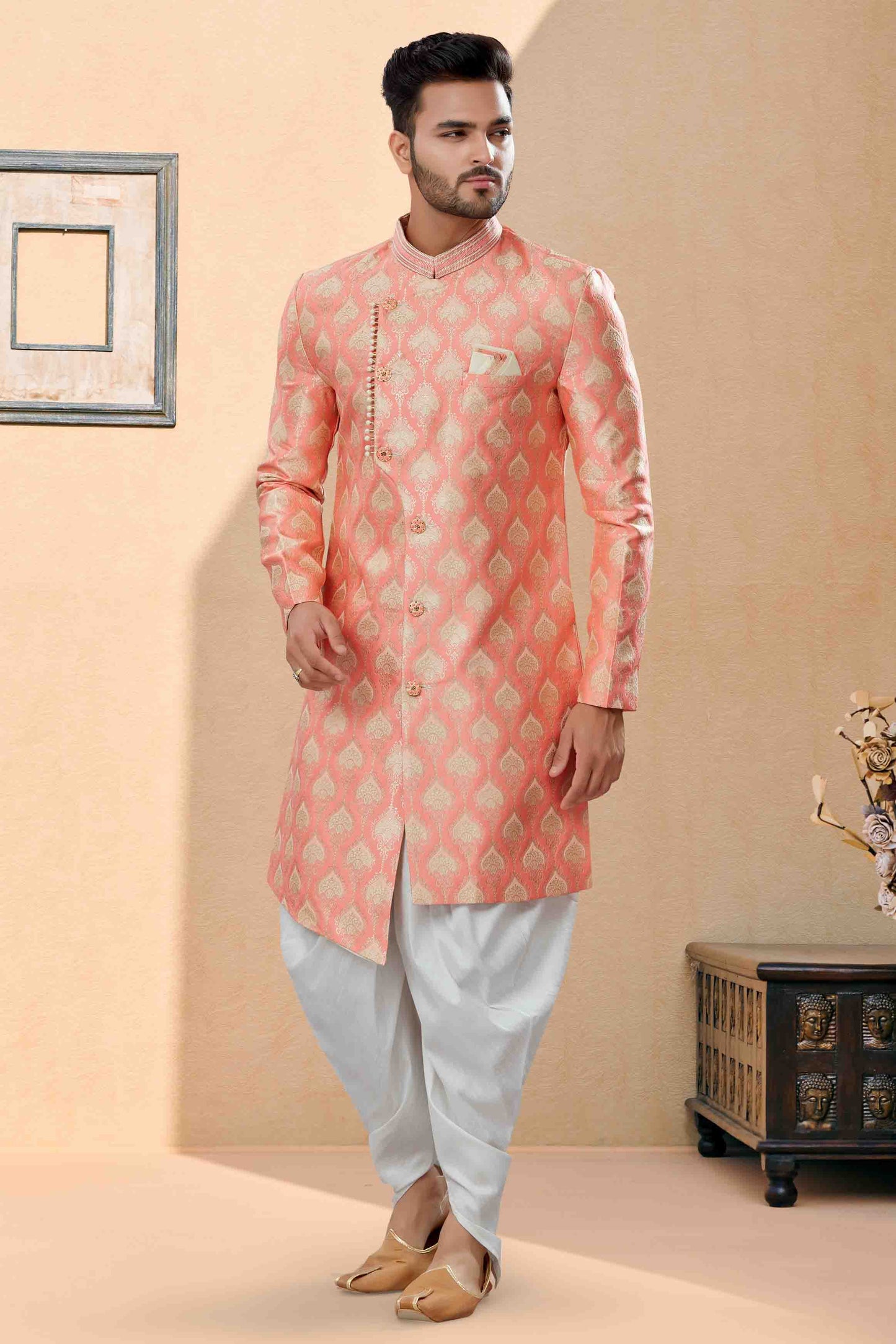 Pink Colour Dhoti Sherwani In Banarasi Jacquard Fabric VSSH1040398