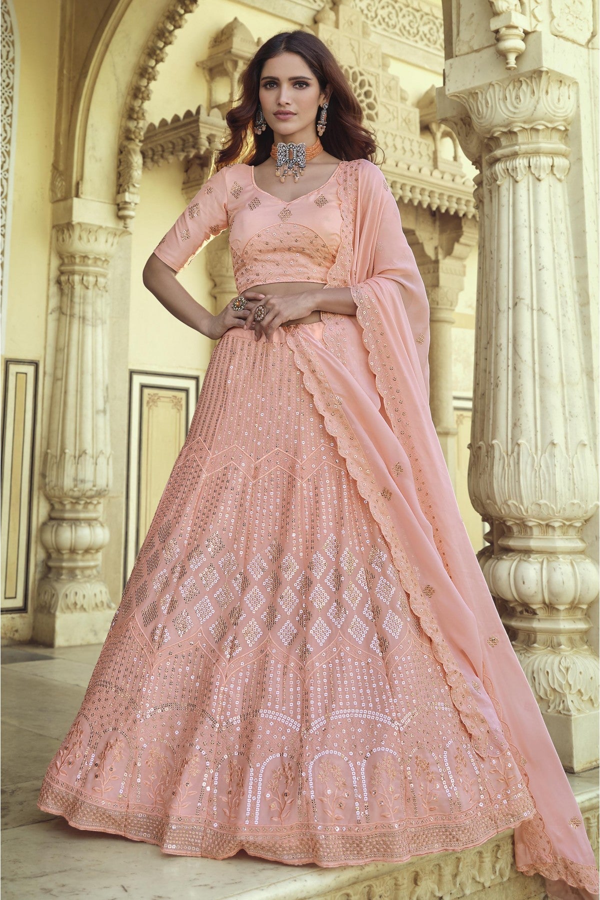 Pink Colour Georgette Sequins Work Lehenga Choli VSLC1080564