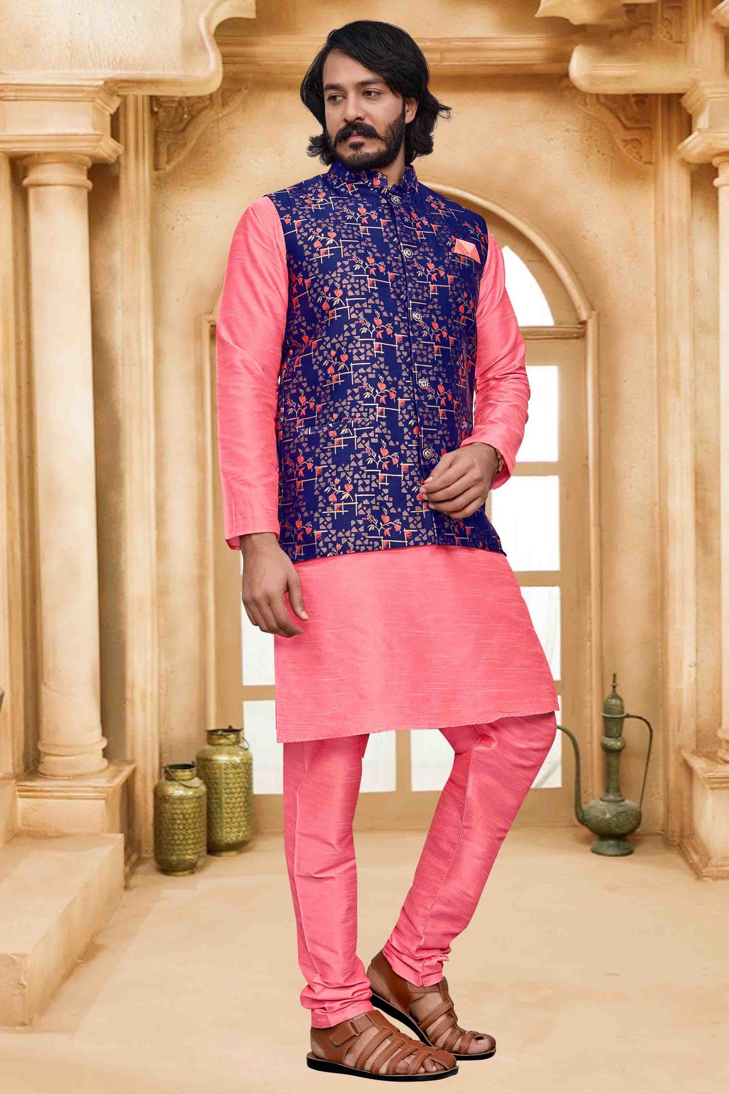 Pink Colour Kurta Pajama With Jacket In Art Silk VSKP1210478