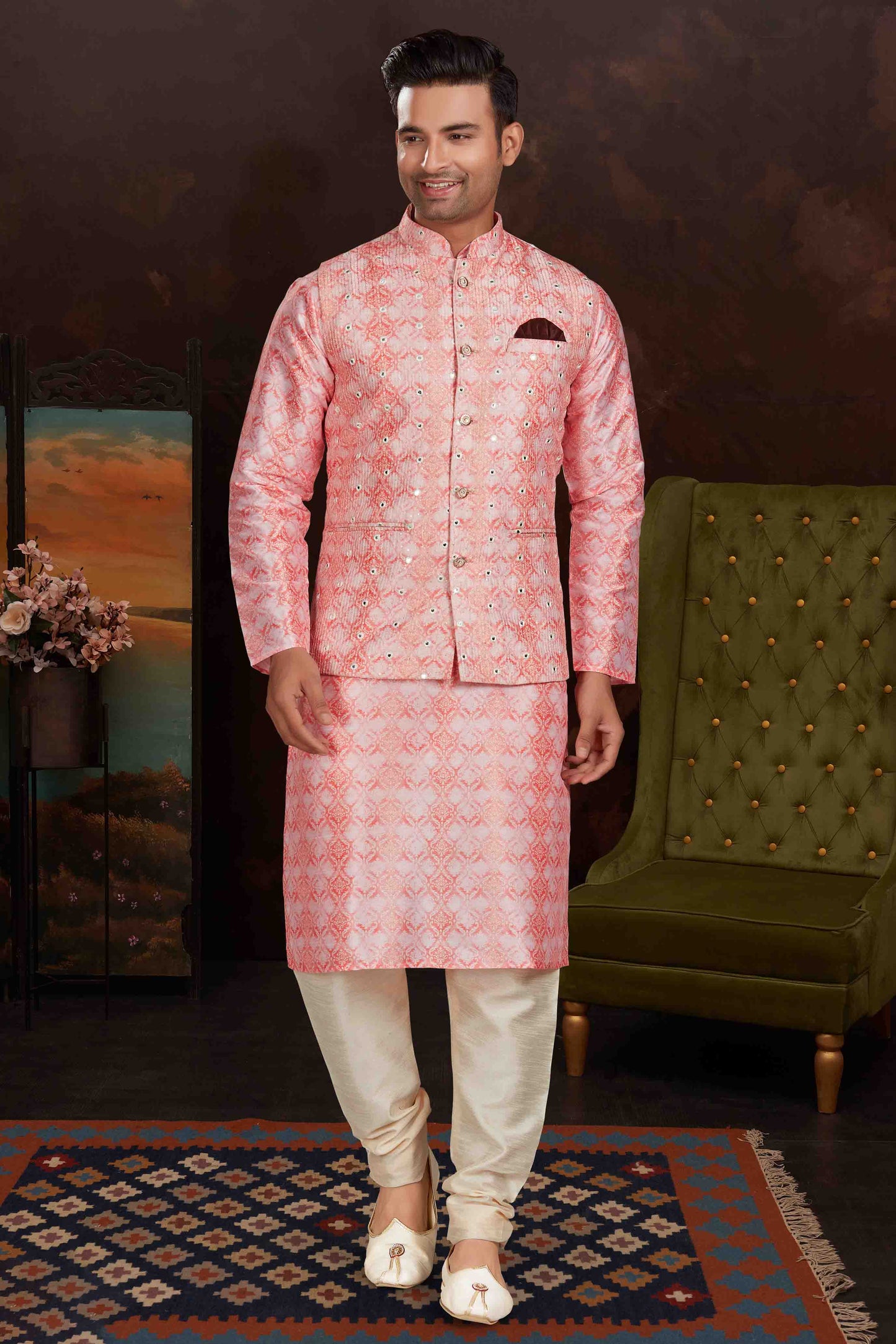 Pink Colour Kurta Pajama With Jacket In Malai Silk VSKP1210431