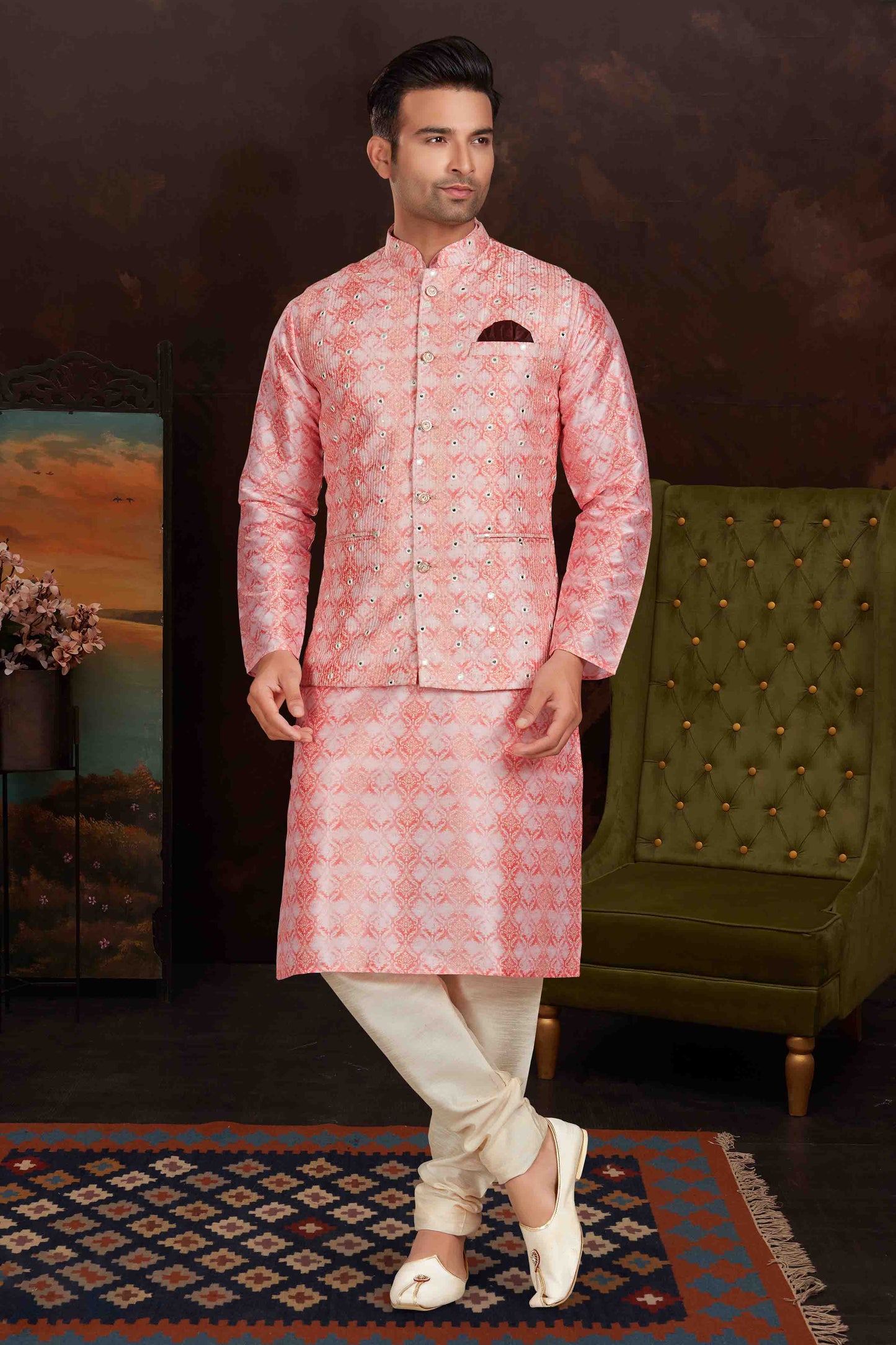 Pink Colour Kurta Pajama With Jacket In Malai Silk VSKP1210431