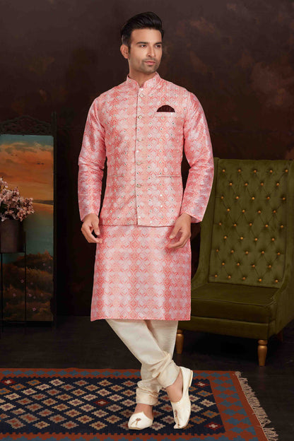Pink Colour Kurta Pajama With Jacket In Malai Silk VSKP1210431
