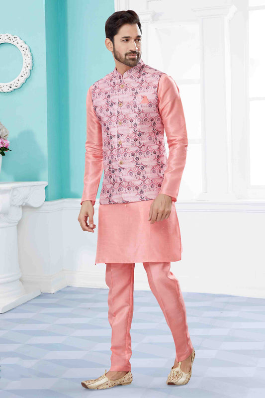 Pink Colour Kurta Pajama With Jacket In Silk Dupion Fabric VSKP1040452