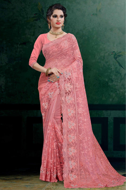 Pink Colour Net Embroidery Saree VSSD1090111